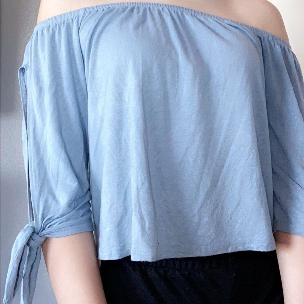 light blue off the shoulder crop top from tillys